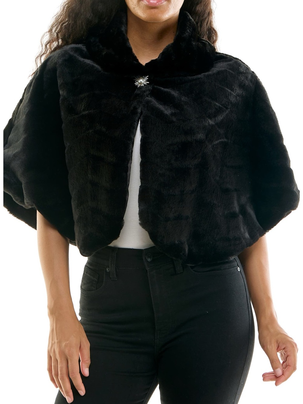 Nina Leonard Black Faux Fur Cape with Jeweled Clasp